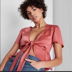 Rose Cropped Short Sleeve Tie-Front Flutter Top